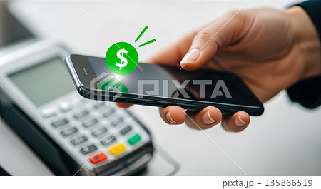 Hand holding mobile phone paying via NFC wireless payment terminal machine POS dollar sign secure transaction banking technology e commerce contactless shopping Hand holding mobile phone paying via NFC wireless payment terminal machine POS dollar sign secure transaction banking technology e commerce contactless shopping 135866519