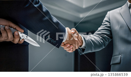 Business handshake with hidden knife behind back concept of betrayal partner crime fraud danger deception fake deal conspiracy enemy trap 135866539