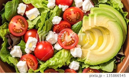 fresh vegetable salad with avocado tomato feta cheese and greens in wooden bowl healthy food diet vegetarian nutrition lunch organic meal vitamin 135866545