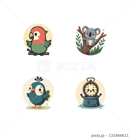 A set of cute cartoon characters, including a girl with a scarf, a boy cooking, a girl preparing salad, and a dog. 135866611