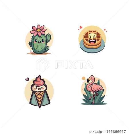 A charming cartoon icon set featuring a smiling carrot, a boy with a paper plane, lotion, and a cozy cup of cocoa. 135866637