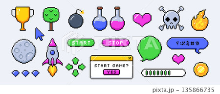 Pixel art arcade ui buttons, video game spaceship, interface menu icons in 8bit retro style Pixel art arcade ui buttons, video game spaceship, interface menu icons in 8bit retro style 135866735