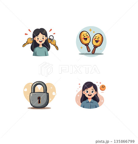 Collection of cartoon illustrations featuring diverse themes: rainy weather, office work, a man with his pet parrot, and cooking. 135866799