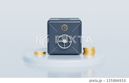 Secure Safe Box with Gold Coins. 3D Rendering. Secure Safe Box with Gold Coins. 3D Rendering. 135866918
