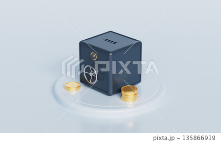 Secure Safe Box with Gold Coins. 3D Rendering. 135866919