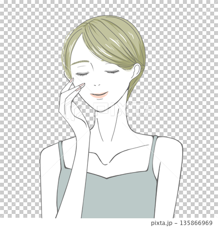 目をつぶり右頬に手を添える女性(金髪) 135866969