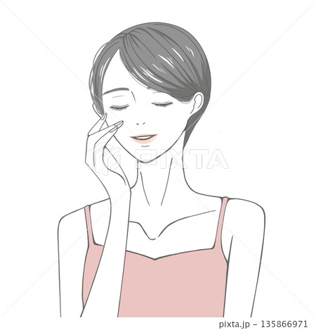 目をつぶり右頬に手を添える女性(黒髪) 135866971