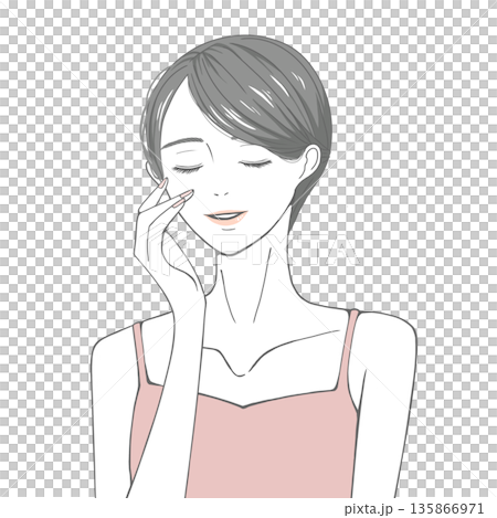 目をつぶり右頬に手を添える女性(黒髪) 135866971