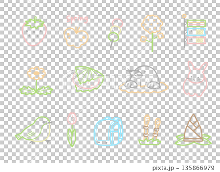 Pastel colored line drawing icon set of spring plants and animals Pastel colored line drawing icon set of spring plants and animals 135866979