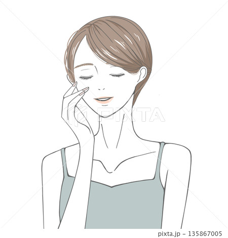 目をつぶり右頬に手を添える女性(茶髪) 135867005