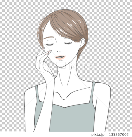 目をつぶり右頬に手を添える女性(茶髪) 135867005