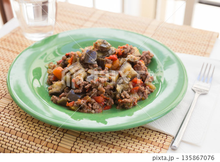 dish of vegetable stew. stewed eggplant, minced meat, carrots, peppers, onion squid dish of vegetable stew. stewed eggplant, minced meat, carrots, peppers, onion squid 135867076