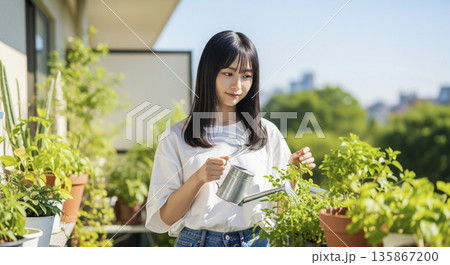 緑に囲まれたベランダで植物を育てる穏やかな暮らし 135867200