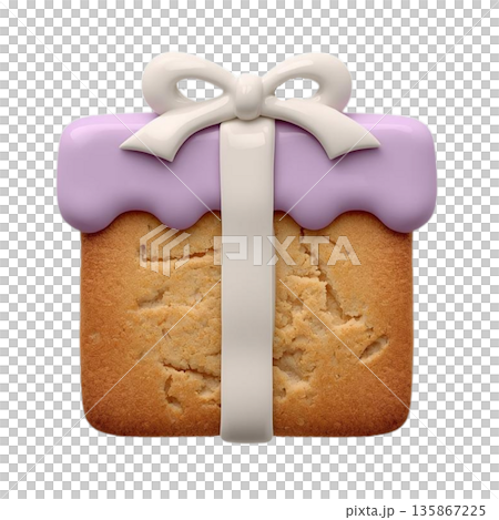 禮物形狀的糖霜餅乾 | 逼真的甜點插圖，扁平薰衣草色 ✖️ 白色背景，透明 135867225
