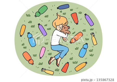 Environmental disaster and plastic waste causes stress in teenage girl lying among bottles on lawn Environmental disaster and plastic waste causes stress in teenage girl lying among bottles on lawn 135867328