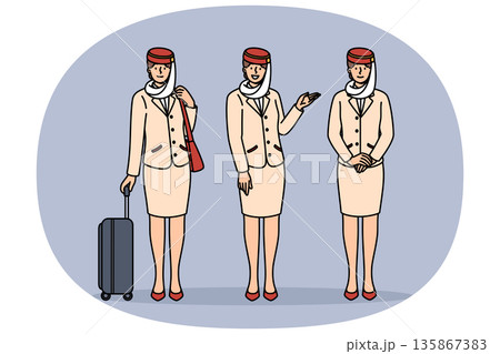 Women flight attendants of Arabian airlines, in traditional uniform with national hat and long skirt Women flight attendants of Arabian airlines, in traditional uniform with national hat and long skirt 135867383