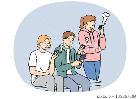 Tobacco addiction in people sitting on street and smoking cigarettes during break from work Tobacco addiction in people sitting on street and smoking cigarettes during break from work 135867384