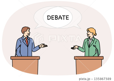 Debate between two politicians standing behind podium and arguing about way to solve state problems Debate between two politicians standing behind podium and arguing about way to solve state problems 135867389