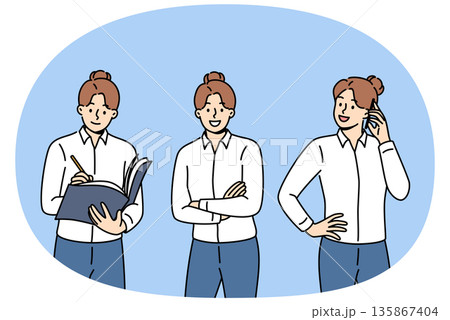 Businesslady is talking on phone, arranging partner meeting and making entry in journal 135867404