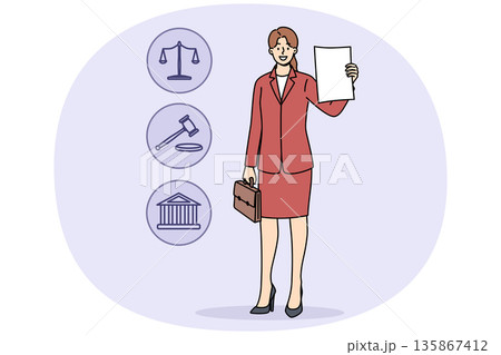 Woman lawyer demonstrates court decision on absence of claims, standing near legal symbols 135867412