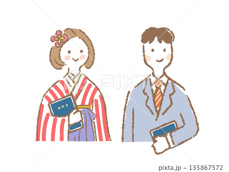 卒業証書を持つ袴姿の女性とスーツの男性の上半身イラスト 135867572