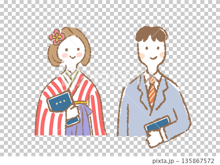 卒業証書を持つ袴姿の女性とスーツの男性の上半身イラスト 135867572
