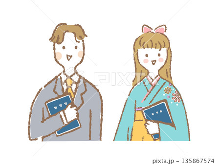 卒業証書を持つ袴姿の女性とスーツの男性の上半身イラスト 135867574
