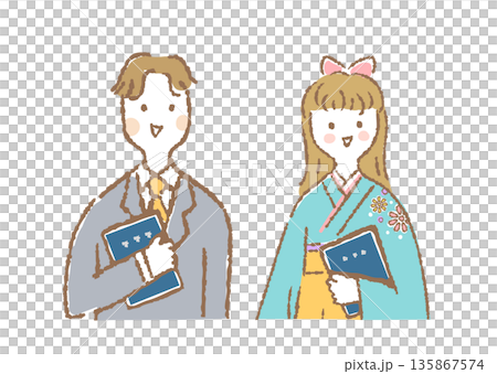 圖中描繪了一位身穿袴服的女子和一位身穿西裝、手持文憑的男子的上半身。 135867574