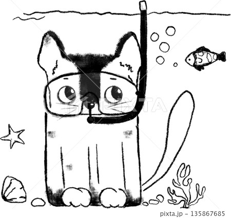 Doodle funny cat illustration. Cat sitting underwater with diving mask Doodle funny cat illustration. Cat sitting underwater with diving mask 135867685