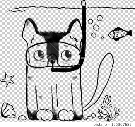 Doodle funny cat illustration. Cat sitting underwater with diving mask Doodle funny cat illustration. Cat sitting underwater with diving mask 135867685