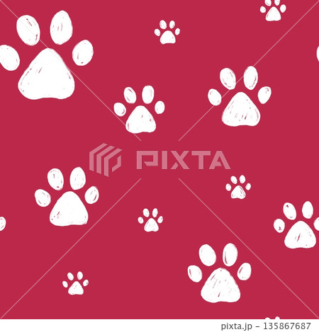 Dog's paws seamless pattern. Cat paws hand drawn pattern. Dog's paws seamless pattern. Cat paws hand drawn pattern. 135867687