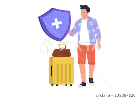 Travel Medical Cover and International Emergency Health Insurance Illustration. Illustration focusing on medical protection for travelers, featuring safety shields alongside travel documents 135867826