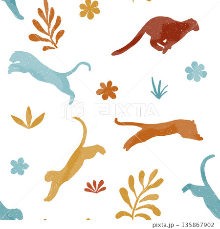 Colorful wild cats seamless pattern. Summer hand drawn pattern	 135867902
