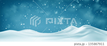 Snowy scene with ground, snowdrift, and mountain landscape covered by white snow and ice. A realistic vector illustration background for postcards, xmas decorations, or winter holiday designs 135867911