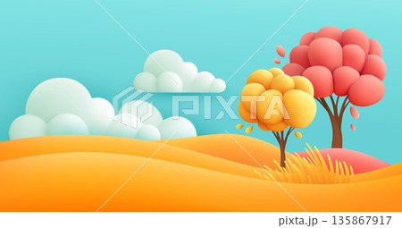 Vector Illustration Background Featuring Colorful Tree Silhouettes and Soft Cloudy Sky In A Minimalistic Soft Palette Art Style With Abstract Shapes and Warm Pastel Colors Vector Illustration Background Featuring Colorful Tree Silhouettes and Soft Cloudy Sky In A Minimalistic Soft Palette Art Style With Abstract Shapes and Warm Pastel Colors 135867917