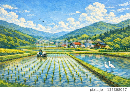 日本の里山風景　田んぼ　田植え　春　油彩画 135868057