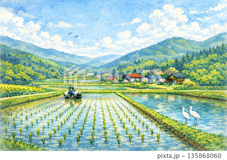 日本の里山風景 田んぼ 田植え 春 水彩画のイラスト素材 [135868060