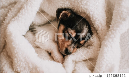 Adorable Sleeping Puppy Snuggled in Soft White Blanket for a Cozy Naptime Moment Adorable Sleeping Puppy Snuggled in Soft White Blanket for a Cozy Naptime Moment 135868121