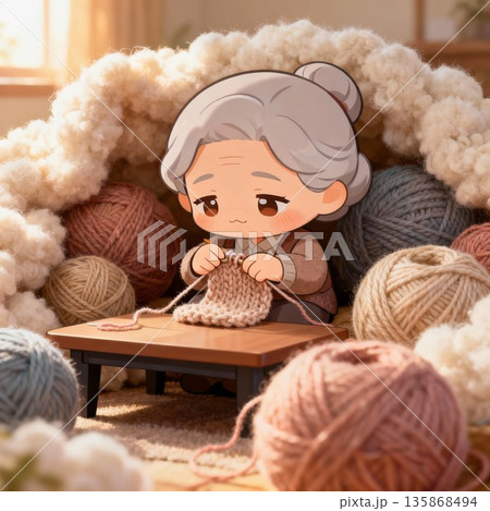編み物が大好きなおばあちゃん　毛糸に囲まれて幸せなひと時 135868494