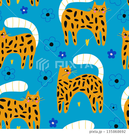 Cartoon seamless pattern with creative cats. Kittens with floral elements. Childish texture for fabric, textile, apparel, wallpaper. Vector illustration 135868692