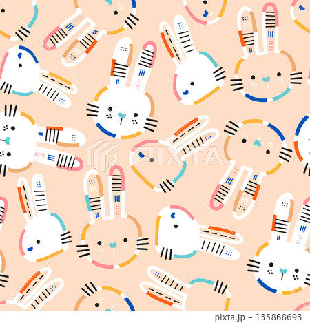 Seamless pattern with hand drawn cute rabbits Childish adorable texture with cartoon rabbits with colored ears. Vector illustration 135868693