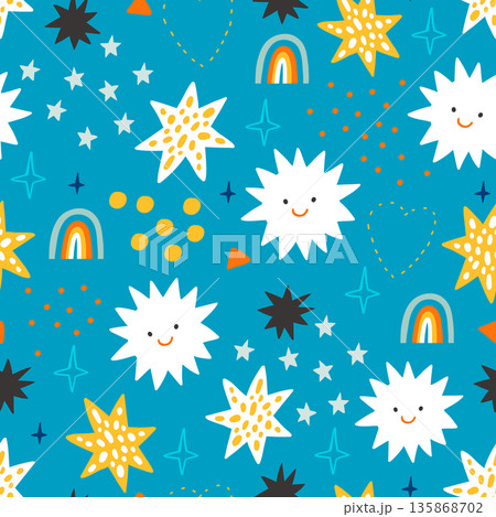 Seamless pattern with abstract stars, rainbows. Childish space vector texture. 135868702