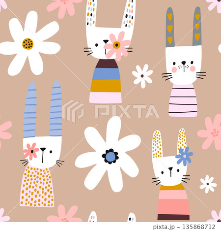 Seamless pattern with hand drawn cute bunnies characters and flowers. Childish adorable texture with cartoon rabbits with colored ears. Vector illustration 135868712