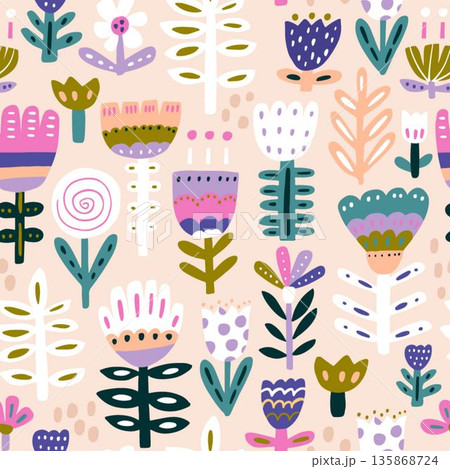 Seamless botanical texture with abstract flowers . Creative floral pastel vector texture Seamless botanical texture with abstract flowers . Creative floral pastel vector texture 135868724