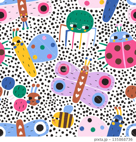 Childish seamless pattern with cute insects, bee, ladybug caterpillar,butterfly, spider. Creative kids vector polka dot texture 135868736