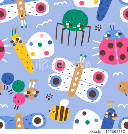 Childish seamless pattern with cute insects, bee, ladybug caterpillar,butterfly, spider.Creative kids vector texture 135868737