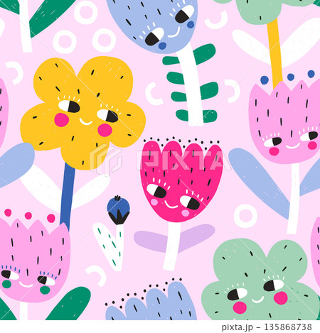 Seamless botanical texture with cute flowers characters . Creative floral childish vector texture 135868738