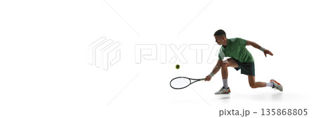 Tennis player lunging forehand reach isolated on white background. Banner 135868805