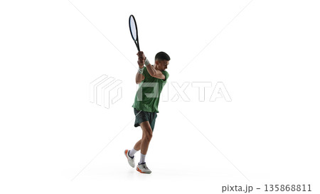 Tennis player backhand preparation stance isolated on white background. Tennis player backhand preparation stance isolated on white background. 135868811