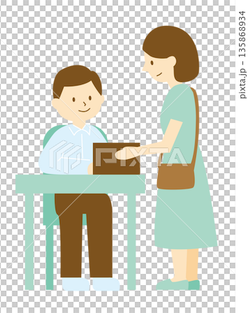 彩色插圖：一名男子麵帶微笑，與一名坐著的女子交談。 135868934